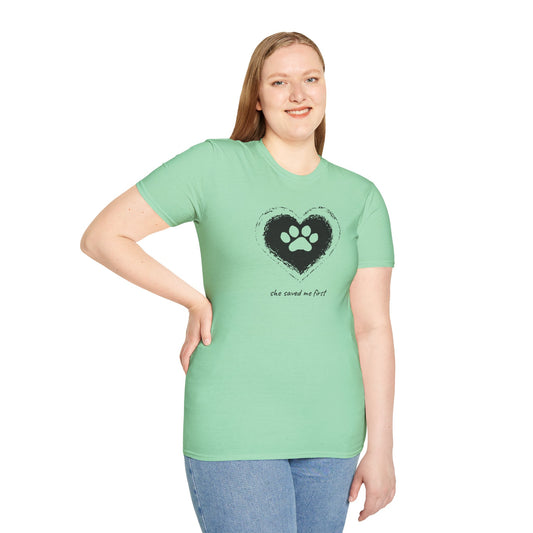 "She Saved Me First" Dog Adoption Shirt — Heart Paw Print Design