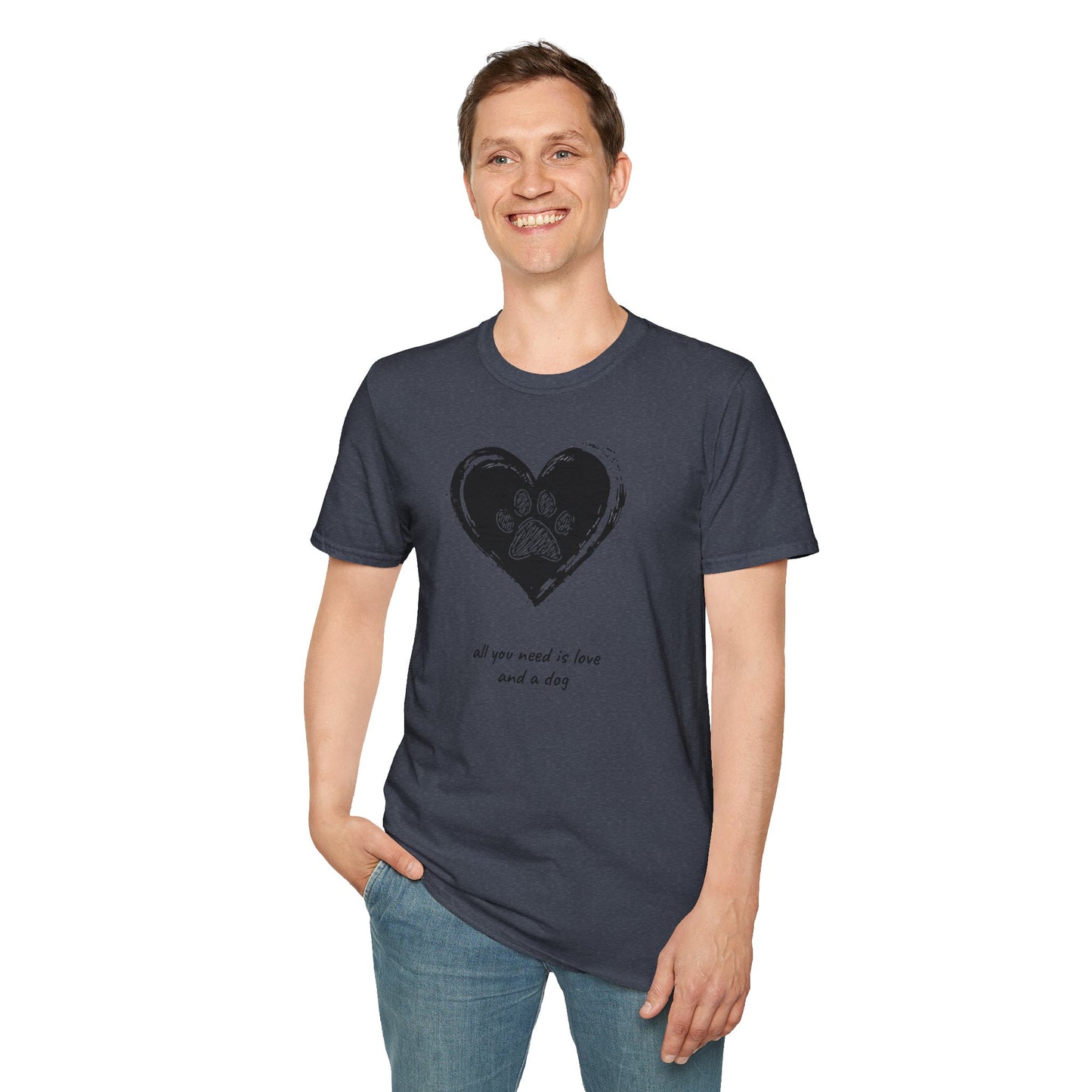 Dog Paw Heart T-Shirt — "All You Need is Love and a Dog" Pet Lover Tee
