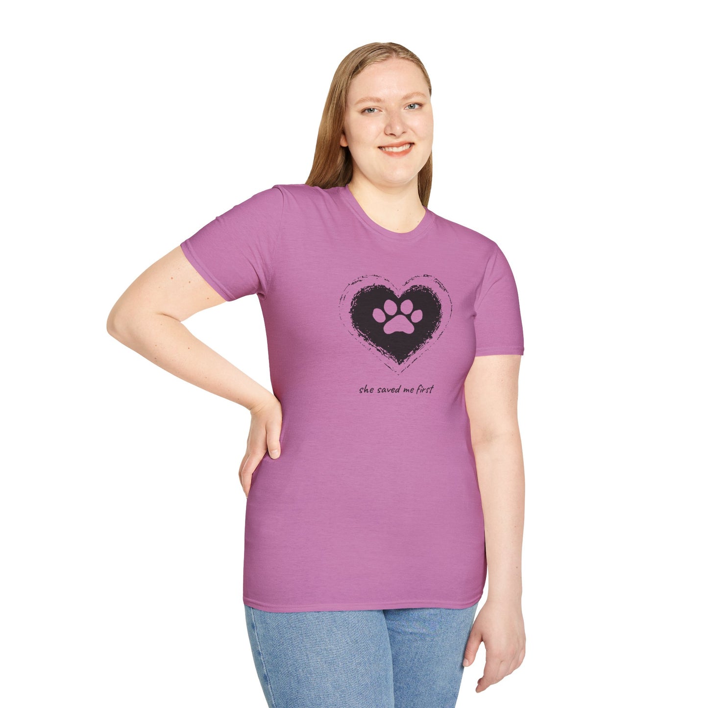 "She Saved Me First" Dog Adoption Shirt — Heart Paw Print Design