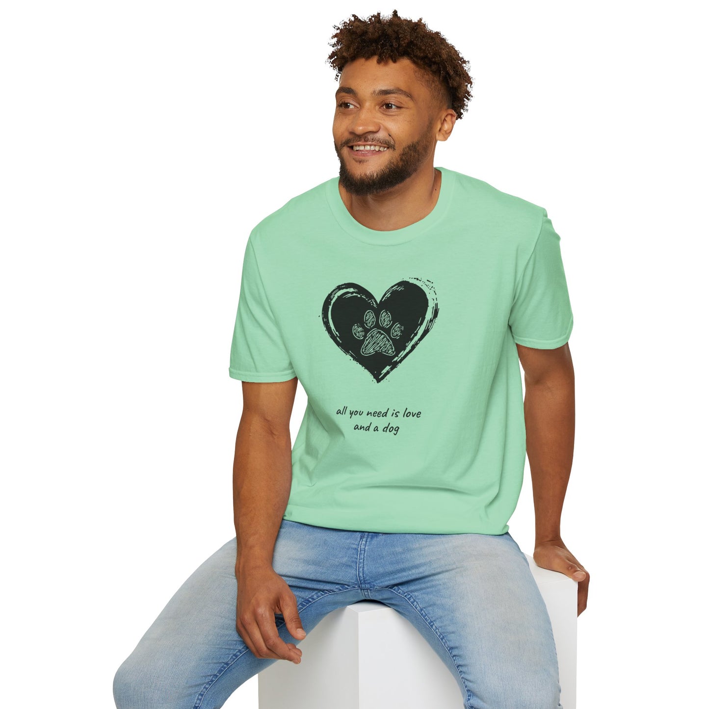 Dog Paw Heart T-Shirt — "All You Need is Love and a Dog" Pet Lover Tee
