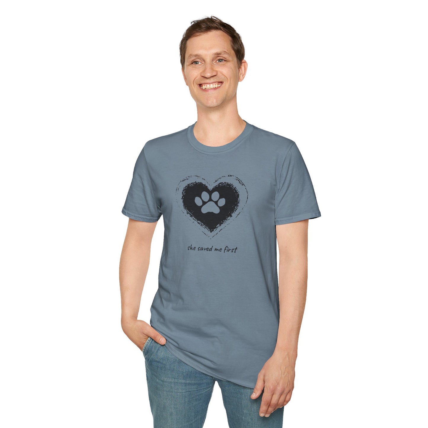 "She Saved Me First" Dog Adoption Shirt — Heart Paw Print Design