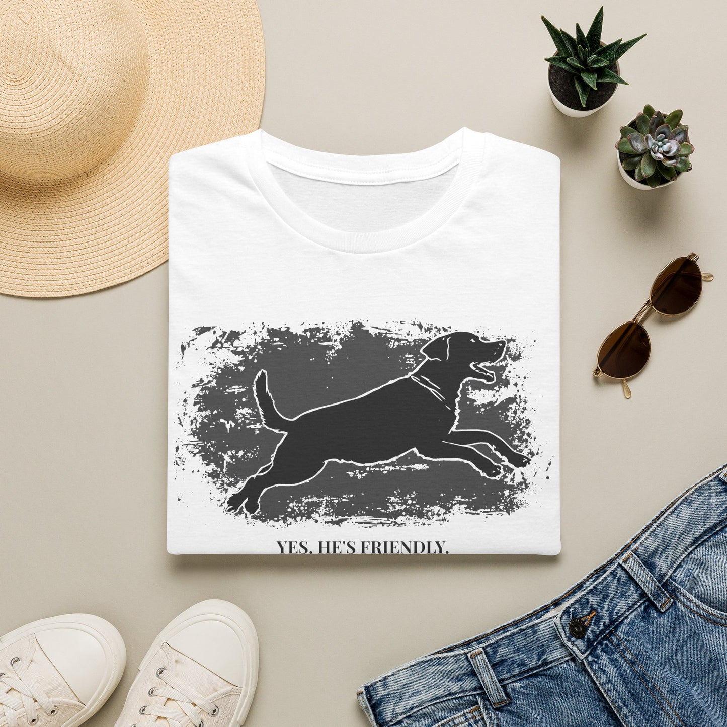 Running Labrador Graphic T-Shirt — "Yes, He's Friendly" Dog Tee