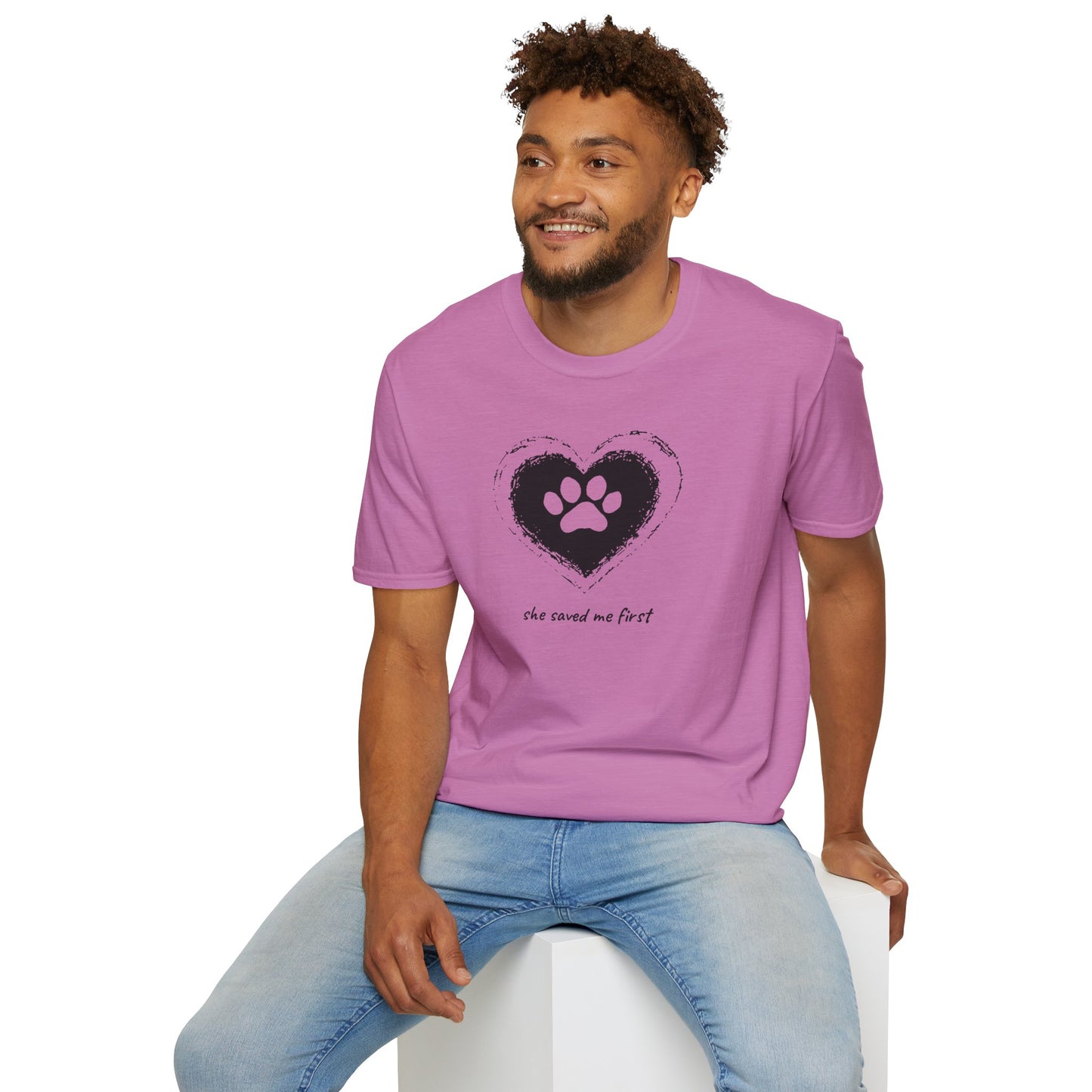 "She Saved Me First" Dog Adoption Shirt — Heart Paw Print Design