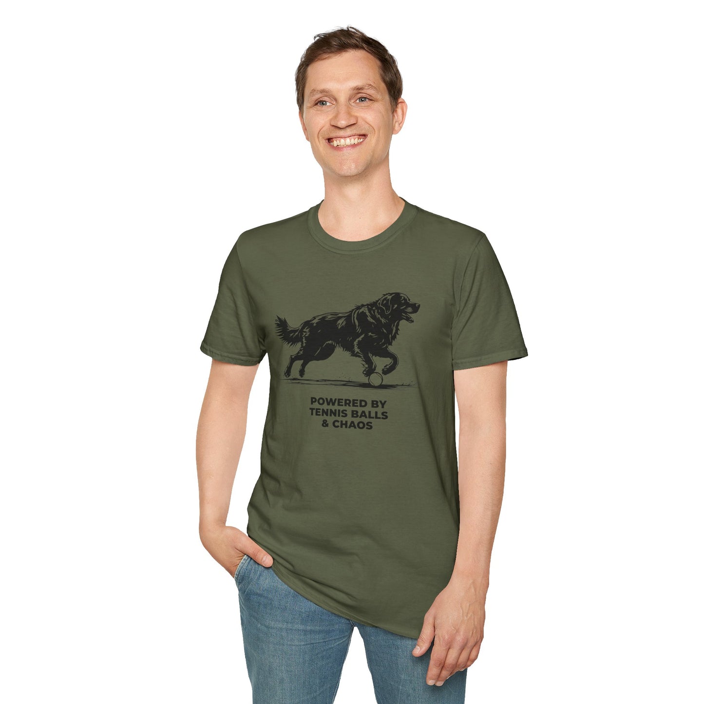 Retriever T‑Shirt — "Powered by Tennis Balls & Chaos" Graphic Tee