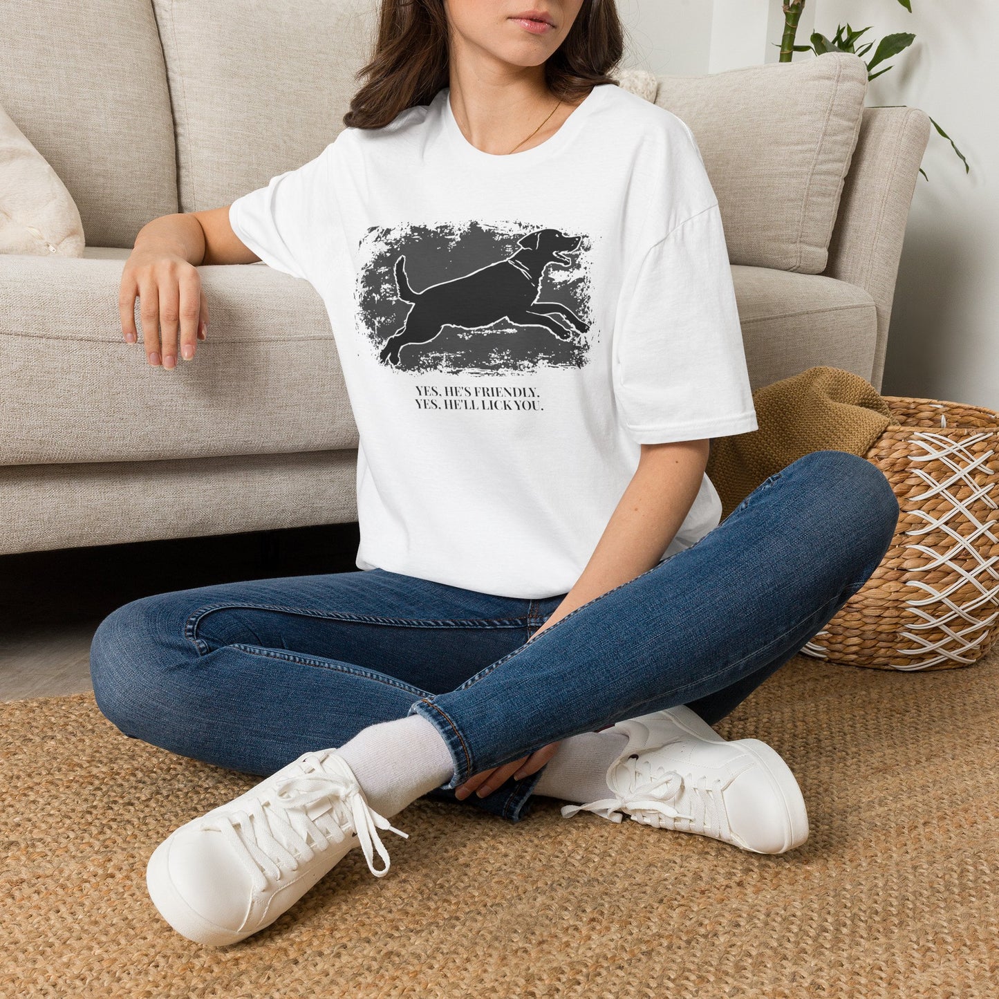 Running Labrador Graphic T-Shirt — "Yes, He's Friendly" Dog Tee