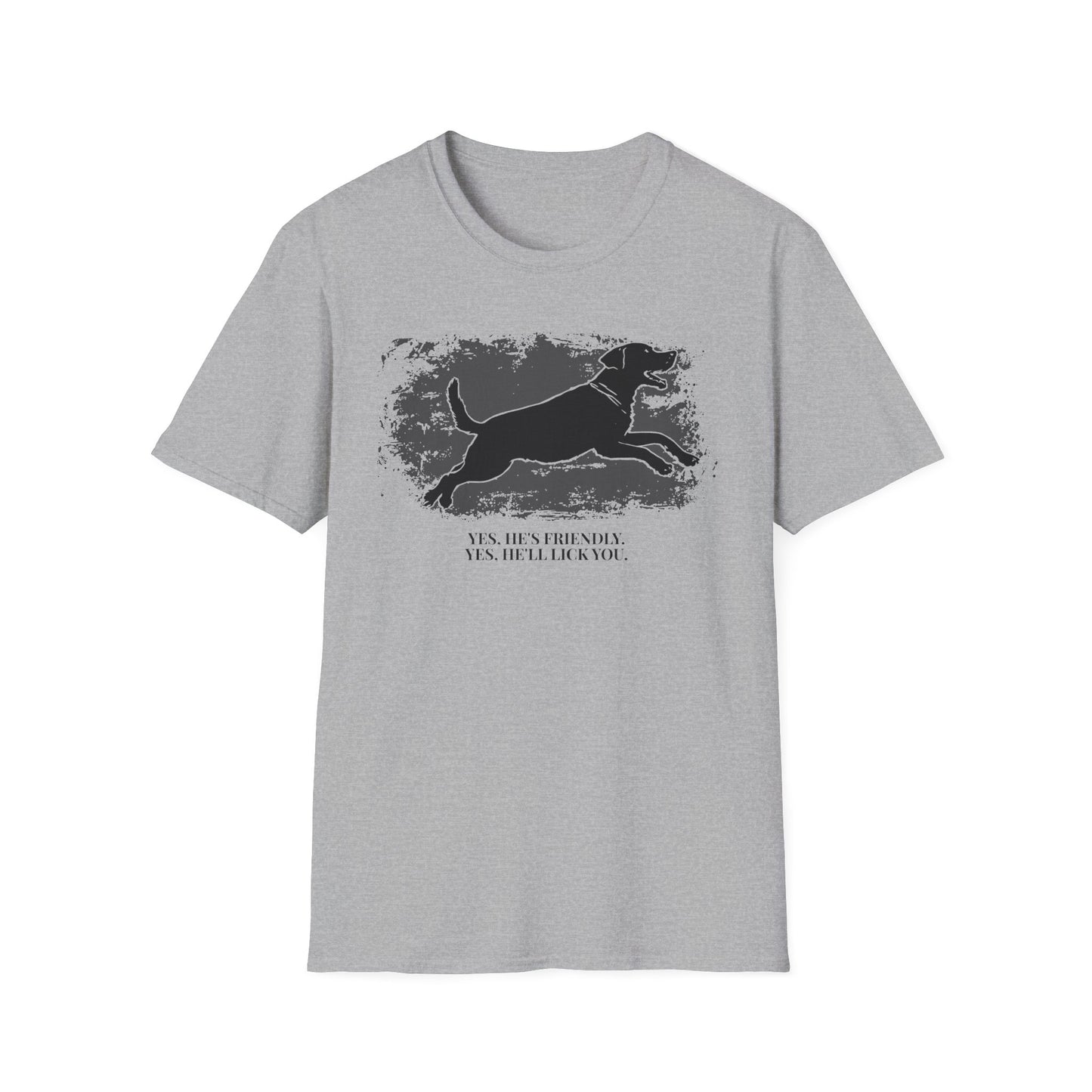 Running Labrador Graphic T-Shirt — "Yes, He's Friendly" Dog Tee