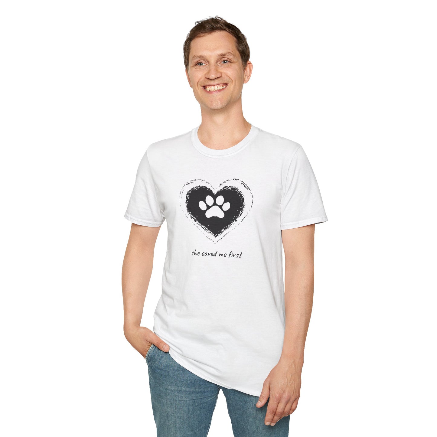 "She Saved Me First" Dog Adoption Shirt — Heart Paw Print Design