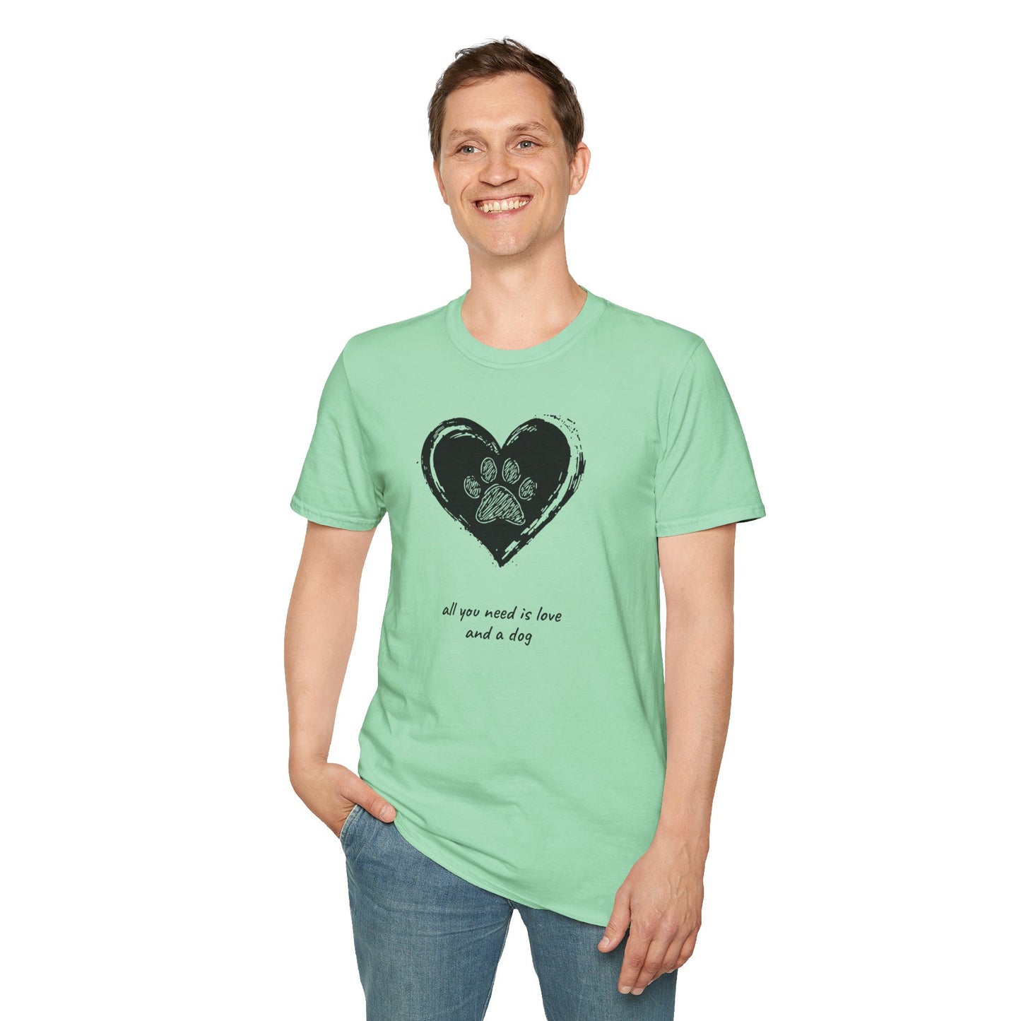 Dog Paw Heart T-Shirt — "All You Need is Love and a Dog" Pet Lover Tee