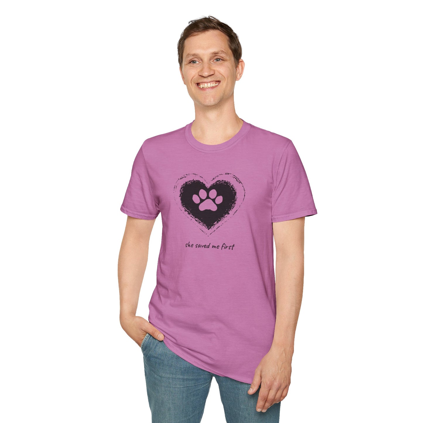 "She Saved Me First" Dog Adoption Shirt — Heart Paw Print Design