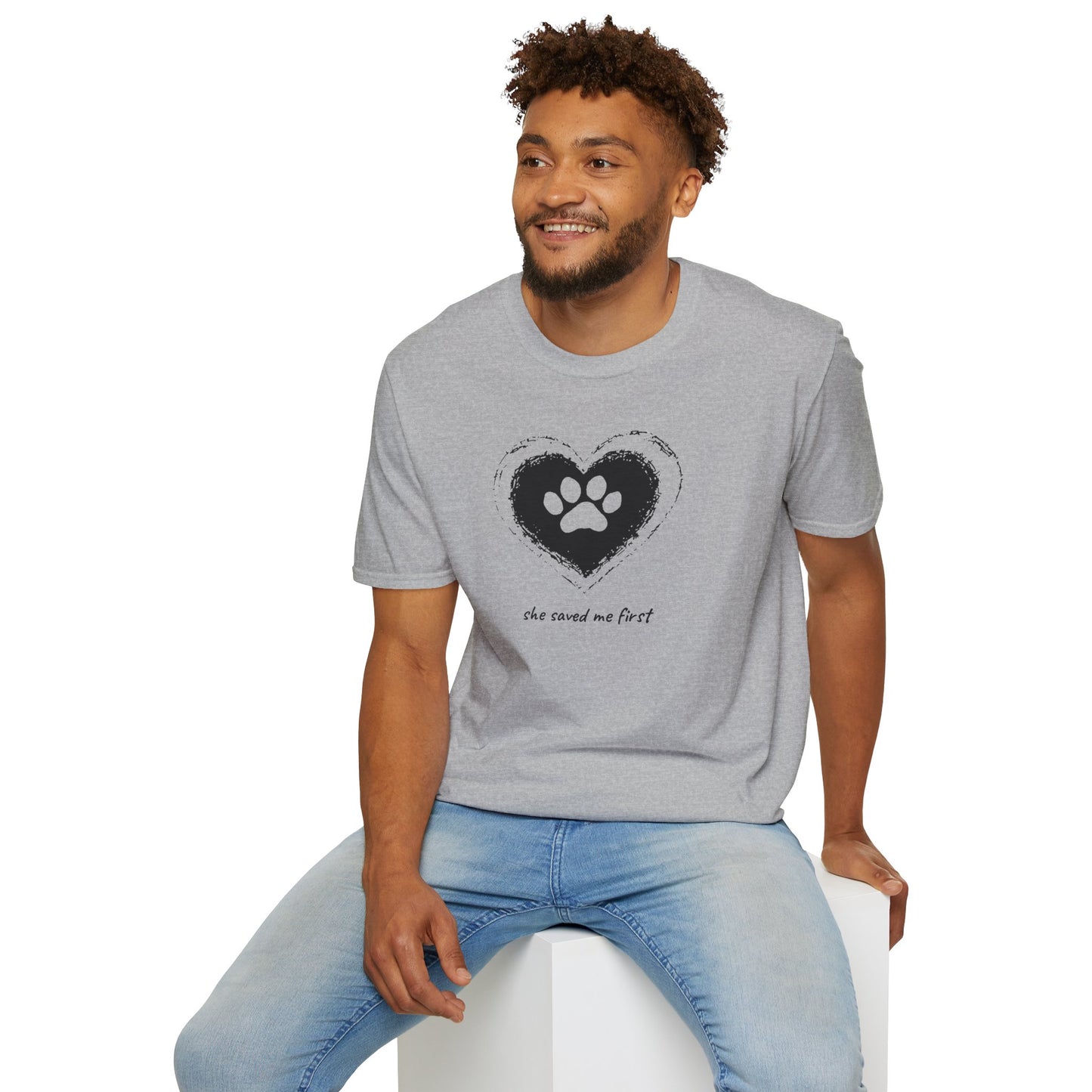 "She Saved Me First" Dog Adoption Shirt — Heart Paw Print Design