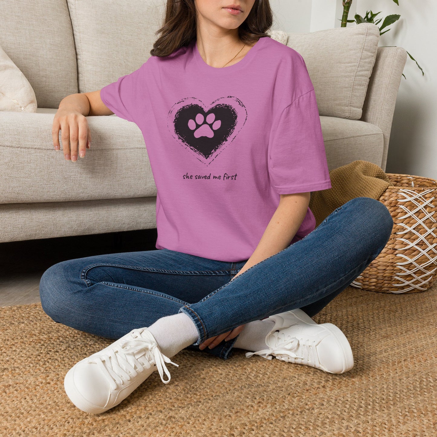 "She Saved Me First" Dog Adoption Shirt — Heart Paw Print Design
