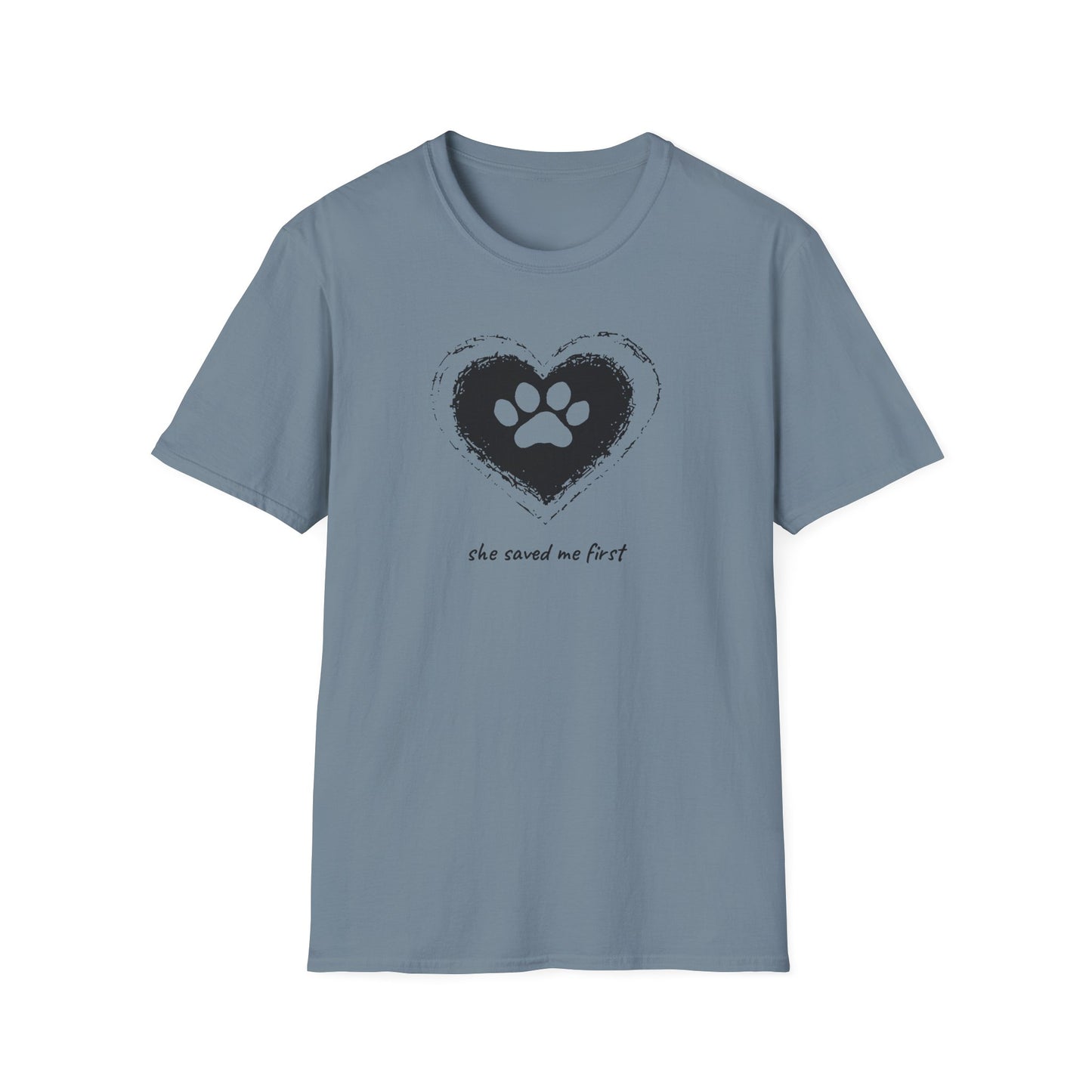 "She Saved Me First" Dog Adoption Shirt — Heart Paw Print Design