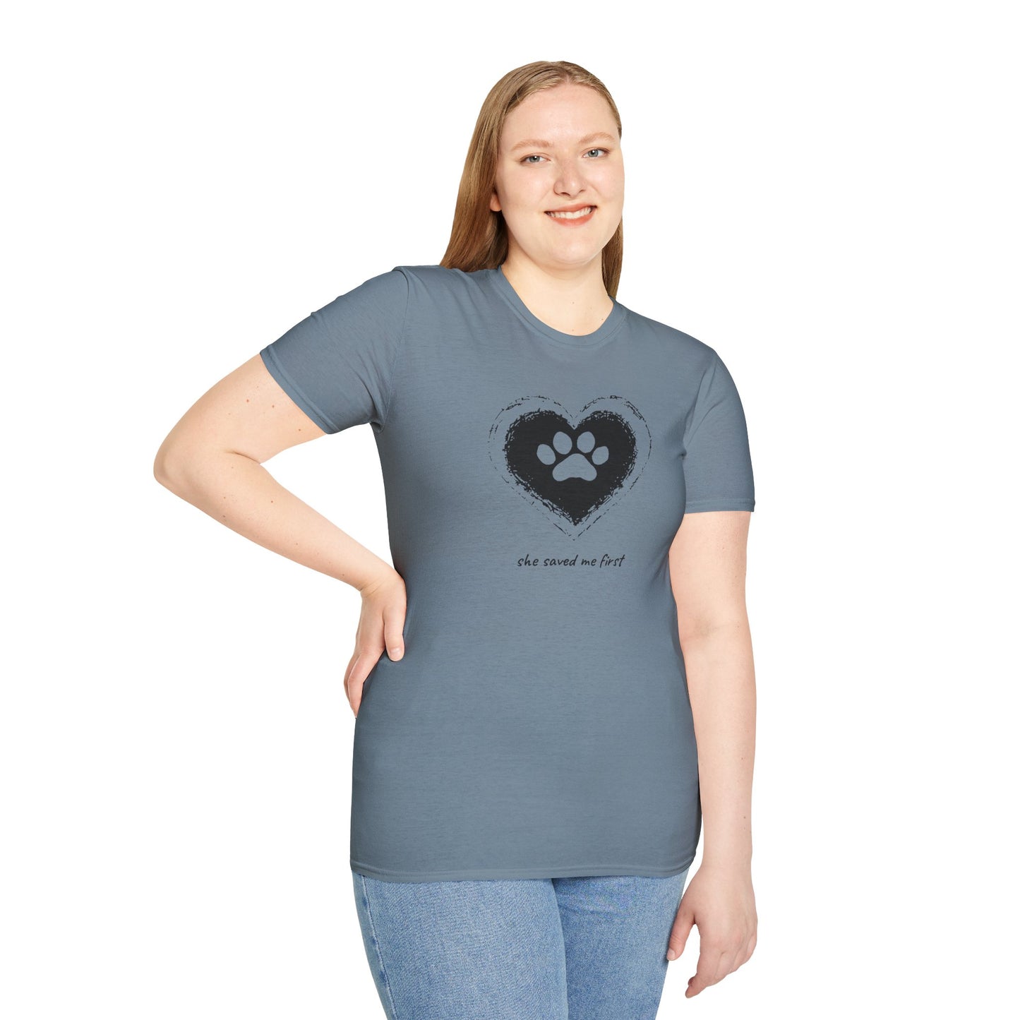"She Saved Me First" Dog Adoption Shirt — Heart Paw Print Design