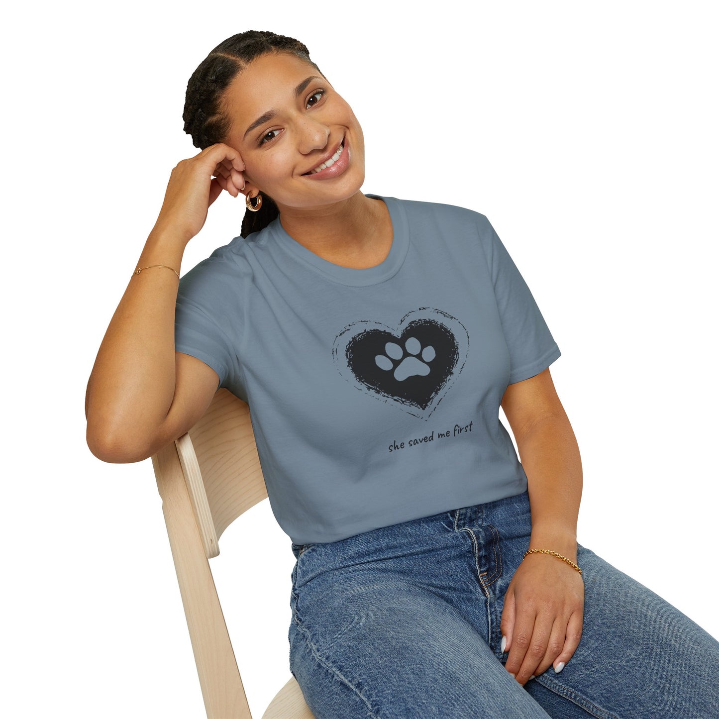 "She Saved Me First" Dog Adoption Shirt — Heart Paw Print Design