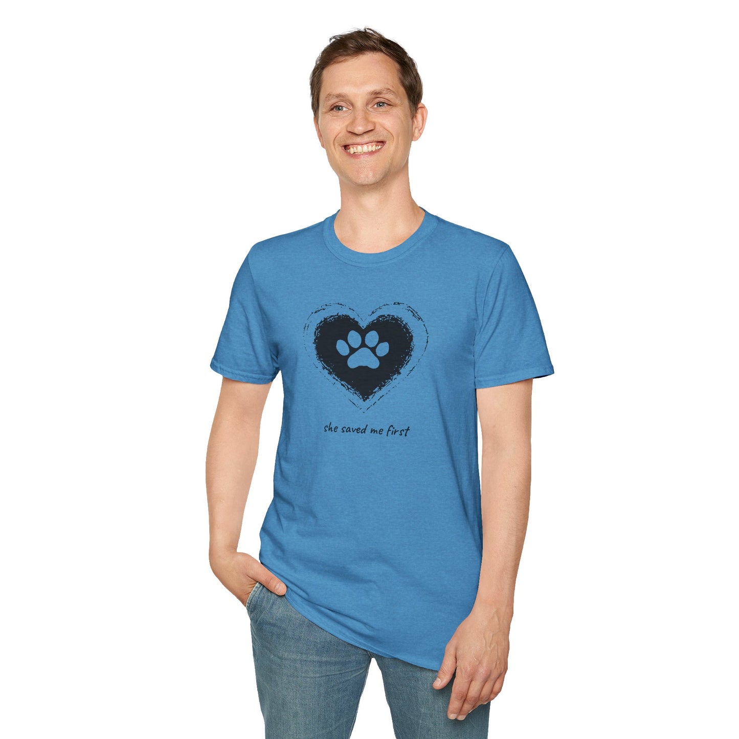 "She Saved Me First" Dog Adoption Shirt — Heart Paw Print Design