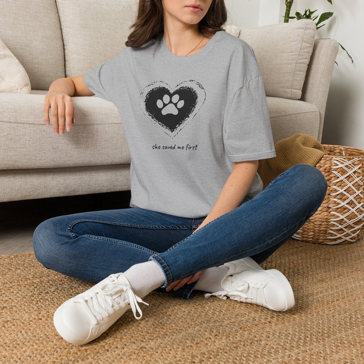 "She Saved Me First" Dog Adoption Shirt — Heart Paw Print Design