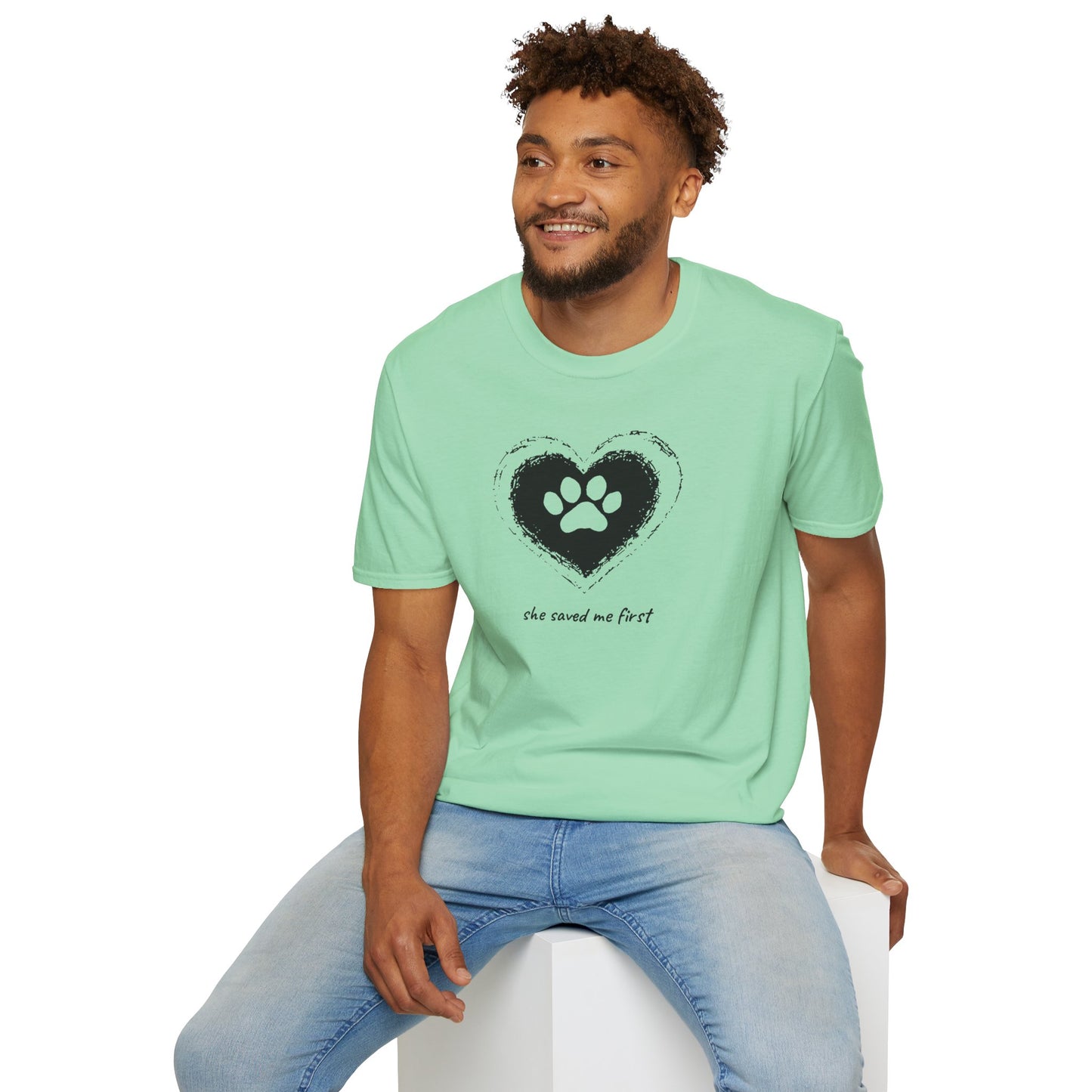 "She Saved Me First" Dog Adoption Shirt — Heart Paw Print Design
