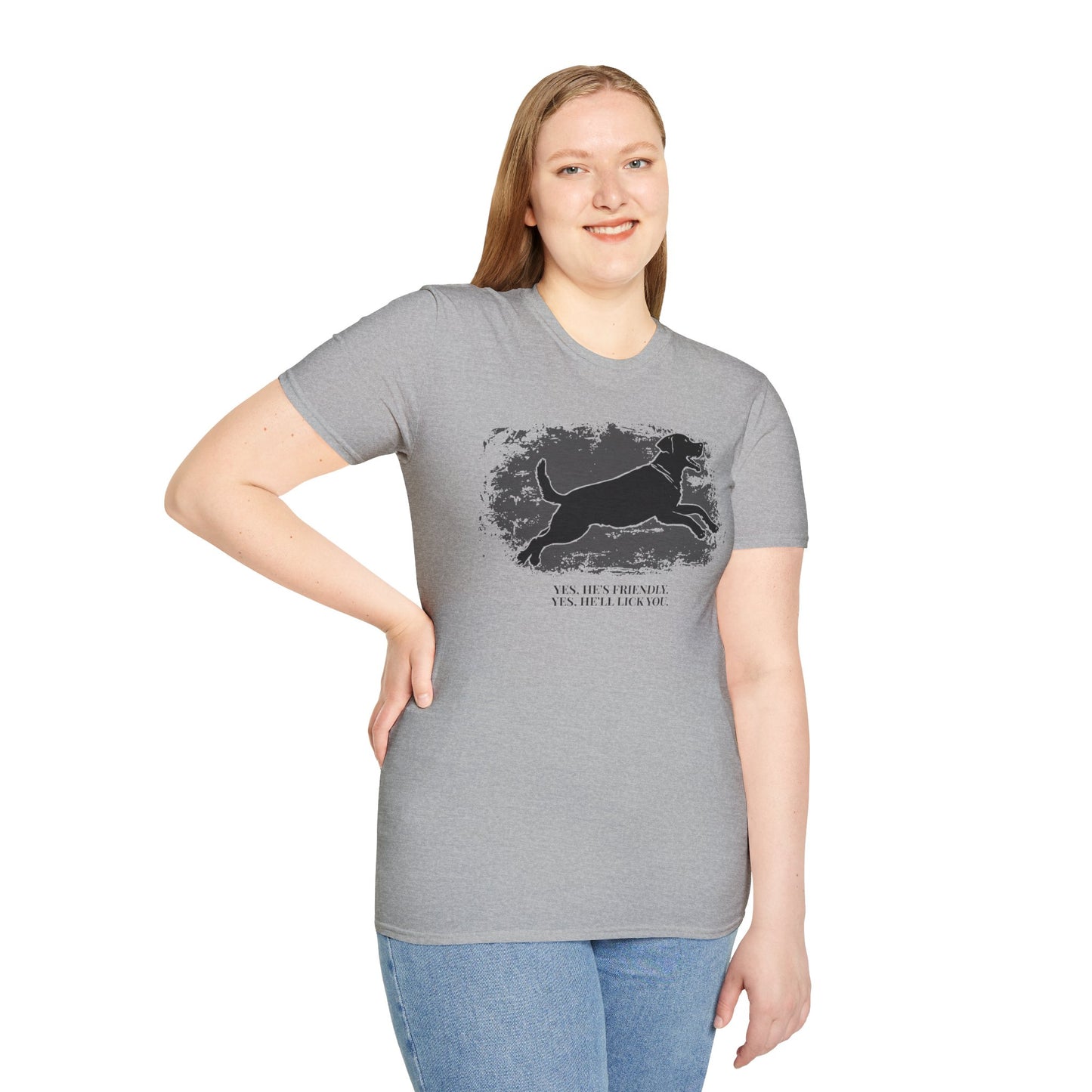 Running Labrador Graphic T-Shirt — "Yes, He's Friendly" Dog Tee