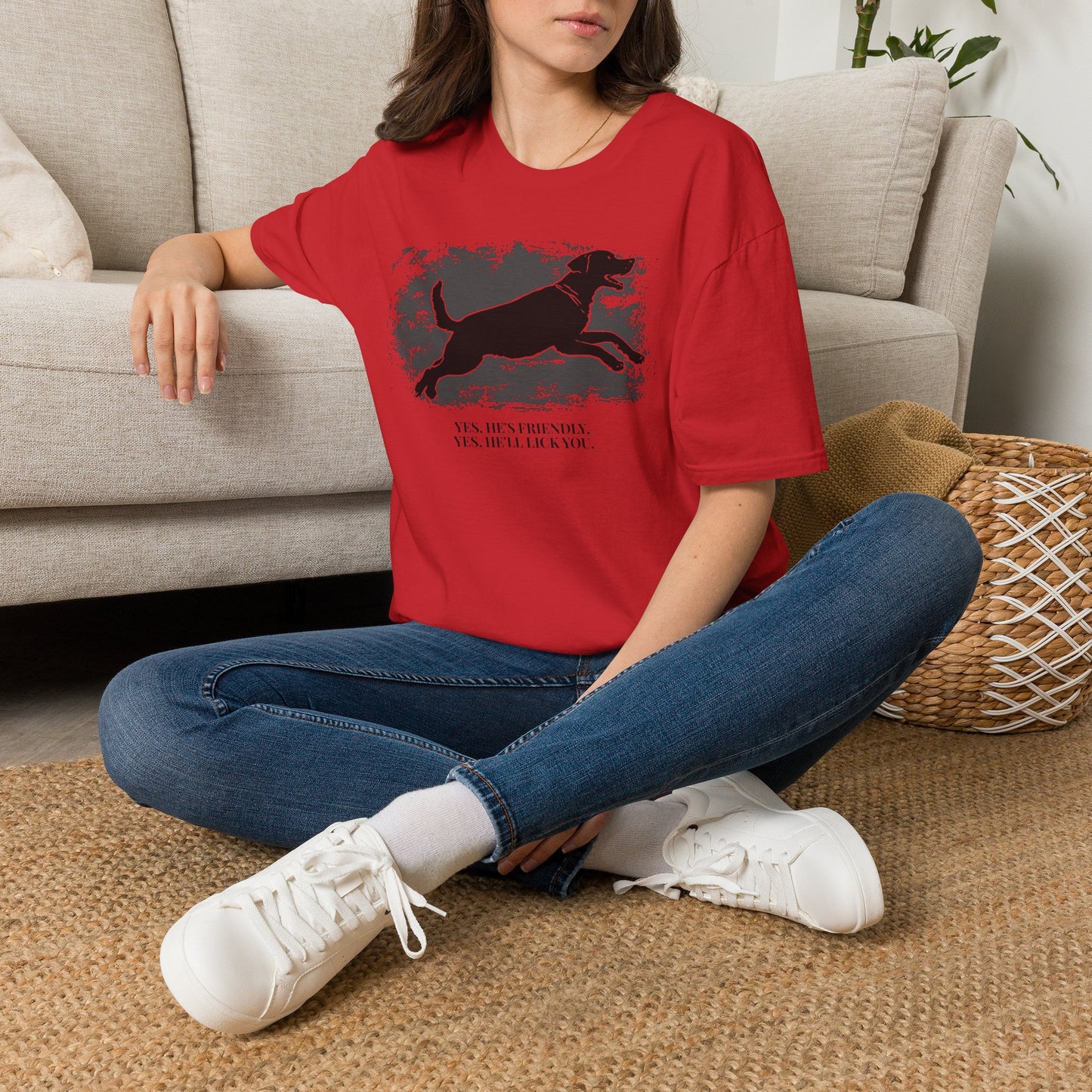 Running Labrador Graphic T-Shirt — "Yes, He's Friendly" Dog Tee