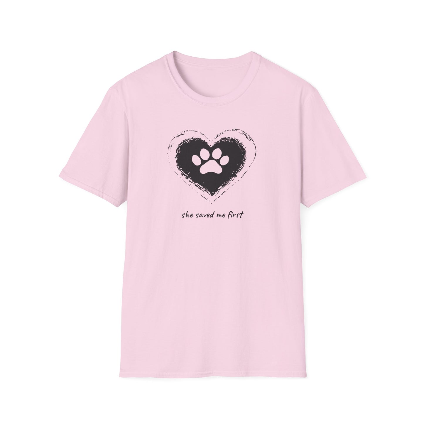 "She Saved Me First" Dog Adoption Shirt — Heart Paw Print Design