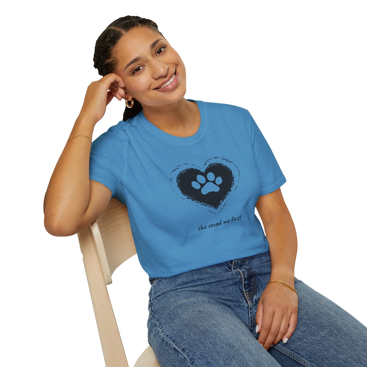 "She Saved Me First" Dog Adoption Shirt — Heart Paw Print Design