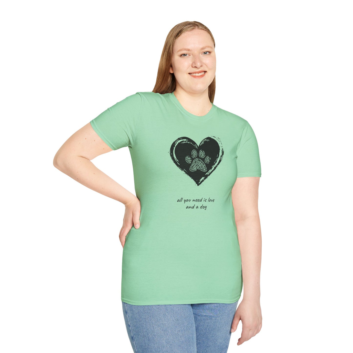 Dog Paw Heart T-Shirt — "All You Need is Love and a Dog" Pet Lover Tee