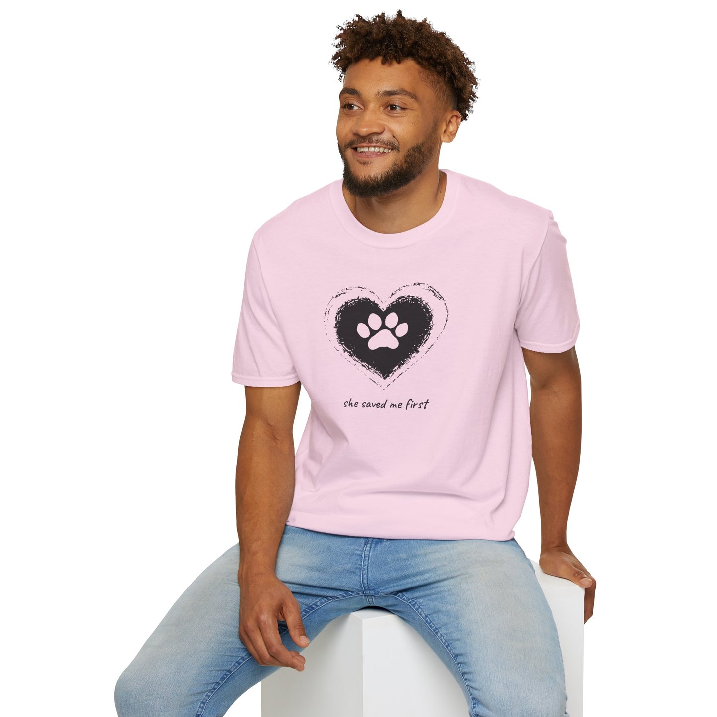 "She Saved Me First" Dog Adoption Shirt — Heart Paw Print Design
